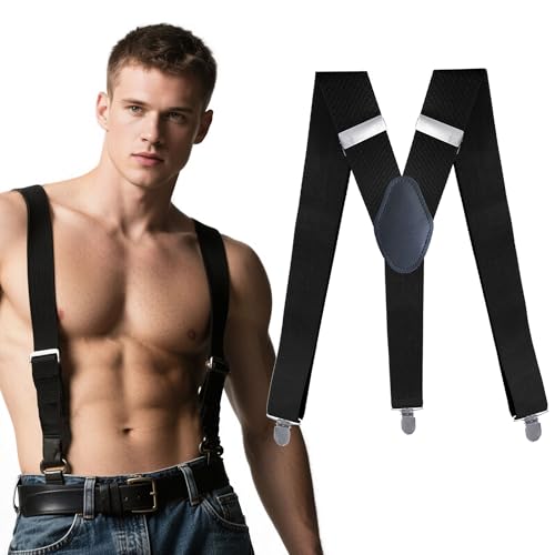 BACH AND BOUJEE Schwarz Herren Hosentrager Breit 3,5 cm mit 3 Dreieckige Robusten Karabiner Verschluss, Einstellbar und Elastisch Einheitsgroße Hosentrager für Manner Damen von BACH AND BOUJEE