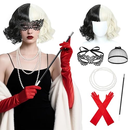BACH AND BOUJEE Schwarz-weißes Damenkostüm-Zubehör, lange rote Handschuhe, weiß schwarz gepunktet, Dalmatiner-Schal, Perlenkette für Cosplay, Halloween, Party BACH AND BOUJEE Schwarz-weißes Damenkostüm-Zubehör, lange rote Handschuhe, weiß schwarz gepunktet, Dalmatiner-Schal, Perlenkette für Cosplay, Halloween, Party von BACH AND BOUJEE