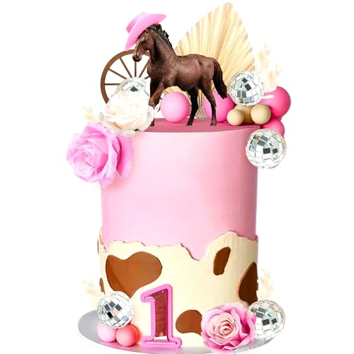 Cowboy-Cowgirl-Kuchenaufsatz, Cowboy-Western-Disco-Kuchendekorationen, Cowgirl-Geburtstagsdekoration, Discokugeln, Kuchenaufsatz für rosa Pony, Partyzubehör von BACH AND BOUJEE