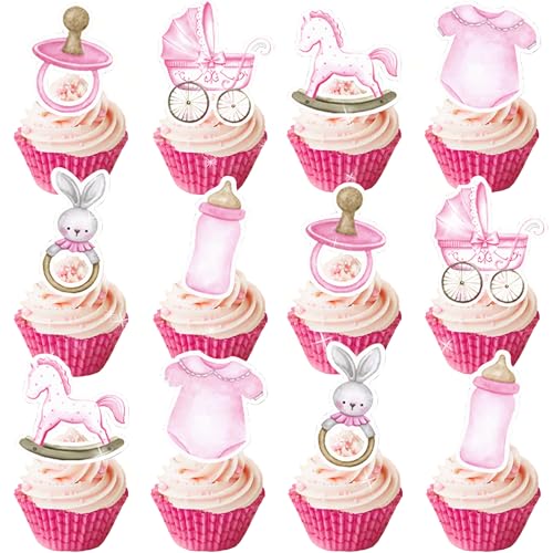 Cupcake-Aufsätze für Babypartys, Mädchen, Cupcake-Picks, Oh Baby It's a Girl, Kuchendekorationen für Babyparty, Mädchen, Geburtstagsparty, Rosa, 24 Stück von BACH AND BOUJEE