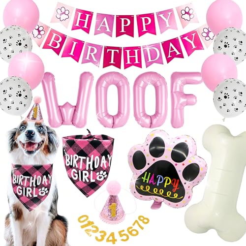 Hundegeburtstags-Partyzubehör Hund Welpe Geburtstag Banner Luftballons Hut mit Nummer Bandana Woof Ballons für Haustiere Dekorationen Hundegeburtstags-Partyzubehör Hund Welpe Geburtstag Banner Luftballons Hut mit Nummer Bandana Woof Ballons für Haustiere Dekorationen von BACH AND BOUJEE