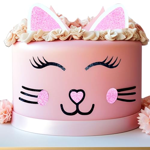 Katze Kuchen Topper Katze Ohren Wimpern Kuchen Dekorationen Set Cat Kuchen Topper für Katze Themed Geburtstag Party niedlich Miau Geburtstag Party von BACH AND BOUJEE