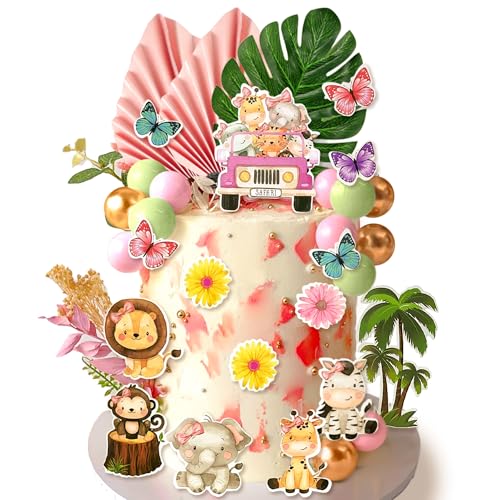 35 Pack rosa Dschungel Tier Kuchen Topper Set Niedliche Safari Thema Cupcake Toppers Safari Kuchen Dekorationen Wilde One Kuchen Topper für Babyparty Geburtstag Party Dekorationen von BACH AND BOUJEE