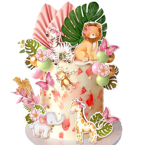39 Pack Rosa Dschungel Tier Kuchen Topper Set Niedliche Safari Thema Cupcake Toppers Wilde One Kuchen Topper Safari Kuchen Dekorationen für Babyparty Geburtstag Party Dekorationen von BACH AND BOUJEE