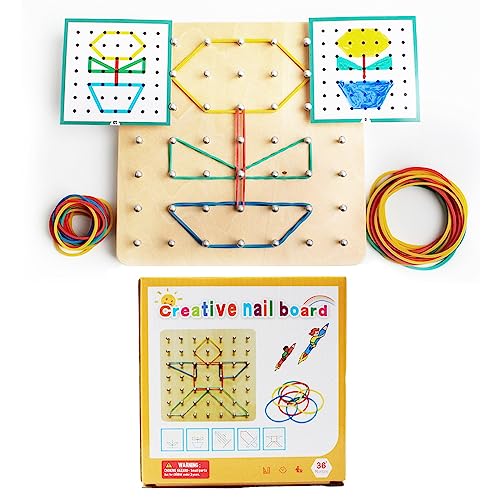 1 stück Holz geoboard Montessori Spielzeug,24 Musterkarten, 40 Gummibänder,ördert Kreativität und Feinmotorik, geobrett für geometrische Formen & individuelle Figuren,Spielzeug ab 3 Jahre. von BACION