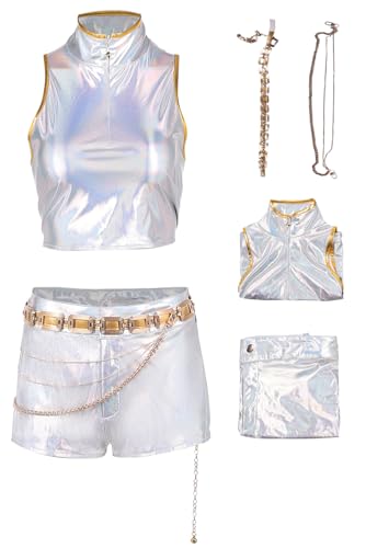 BAEHEU Dämonenjäger Rumi Cosplay Kostüm Idol Weißes Hemd High Neck Crop Tank Top Shorts Gold Gürtel Halloween Outfit, Weiss/opulenter Garten, M BAEHEU Dämonenjäger Rumi Cosplay Kostüm Idol Weißes Hemd High Neck Crop Tank Top Shorts Gold Gürtel Halloween Outfit, Weiss/opulenter Garten, M von BAEHEU