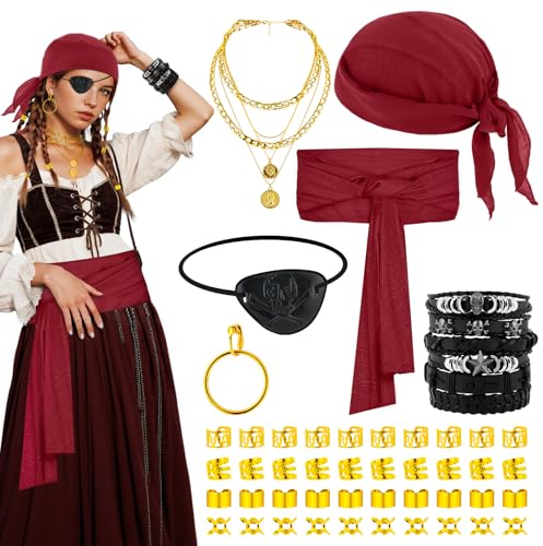 BAIEGOED 7-teiliges Piratenkostüm-Zubehör-Set für Erwachsene Damen - Enthält Kopftuch, Augenklappe, Ohrringe, Halskette, Armband, Haarperlen & Hüfttuch - Perfekt für Halloween & Cosplay Partys BAIEGOED 7-teiliges Piratenkostüm-Zubehör-Set für Erwachsene Damen - Enthält Kopftuch, Augenklappe, Ohrringe, Halskette, Armband, Haarperlen & Hüfttuch - Perfekt für Halloween & Cosplay Partys von BAIEGOED