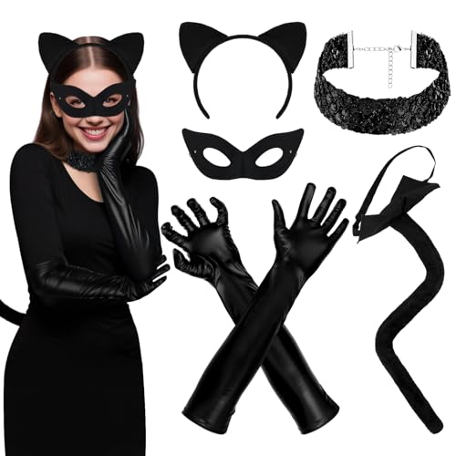 BAIEGOED Catwoman Kostümzubehör-Set für Damen – inklusive langen Handschuhen, Choker-Halskette, 65 cm Schwanz, Katzenohr-Stirnband und schwarzer Katzenmaske – perfekt für Halloween und Cosplay-Partys BAIEGOED Catwoman Kostümzubehör-Set für Damen – inklusive langen Handschuhen, Choker-Halskette, 65 cm Schwanz, Katzenohr-Stirnband und schwarzer Katzenmaske – perfekt für Halloween und Cosplay-Partys von BAIEGOED