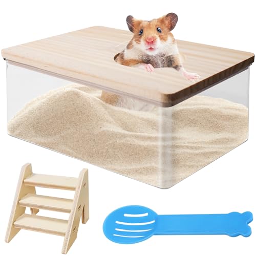 BAIFULAI Hamster Sandbad Container: 1 Stück Rechteckiges Acryl Badezimmer, Mit Holzdeckel Und Leiter, Für Spiel Und Beobachtung Syrischer Hamster, Mäuse, Lemminge, Chinchillas (15.5x10.5x6cm) von BAIFULAI