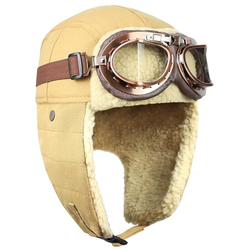 BAIFUMEN Vintage-Fliegerhut und Brille mit Maske, Kunstpelz-Ohrenschützer, Kostümzubehör, Trooper-Trapper-Pilotenmütze für Damen und Herren, Piloten Kostüm Damen, Kinder Pilotenmütze（Gelb） von BAIFUMEN
