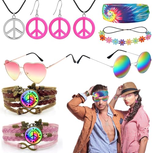 Hippie Damen Herren Accessoires, Hippie Party Zubehör, Retro Hippie Accessoires Set, Hippie Vintage Brille, Hippie Blumen Stirnband, Hippie Batik Stirnband, Hippie Armbänder, für 80er 90er Thema Party Hippie Damen Herren Accessoires, Hippie Party Zubehör, Retro Hippie Accessoires Set, Hippie Vintage Brille, Hippie Blumen Stirnband, Hippie Batik Stirnband, Hippie Armbänder, für 80er 90er Thema Party von BAISHUWU