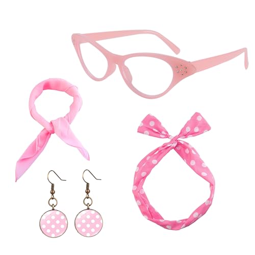 BAIYSFFG 50er Jahre Kostüm Zubehör für Damen,1950er Jahre Kostüm Set,Katzenauge,Brille,gepunktet,Bandana,Krawatte,Stirnband,Ohrringe,Fett Kostüm für Damen,1950er-Jahre-Retro-Party-Dekor (Rosa) von BAIYSFFG