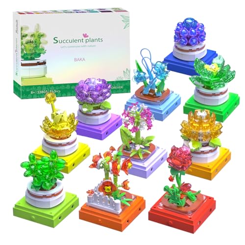 BAKA Flower Sukkulenten Blumen Bausteine Set für Erwachsene, 10 künstliche Pflanzen, Room deko Basteln, Geschenk für Sie & Ihn zum Valentinstag (843 Stück) von BAKA