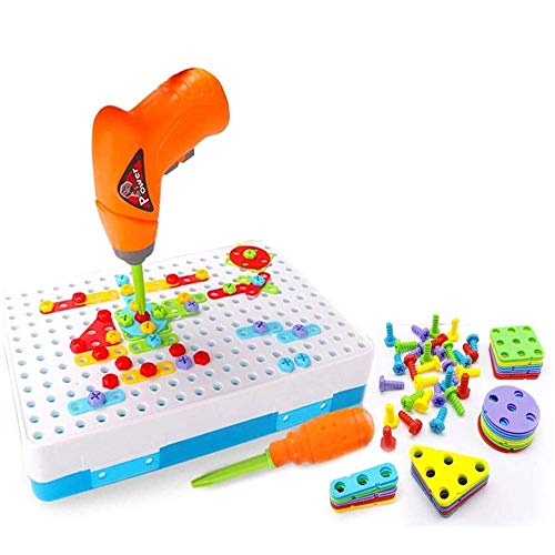 BAKAJI Playset Bauen und Spielen mit Bohrmaschine Akkuschrauber Schrauben Geometrische Formen Schrauben und Schraubendreher Spiel Lernspielzeug für Kinder Koffer von BAKAJI