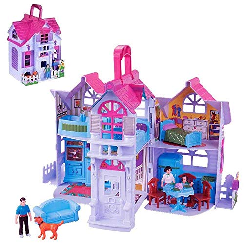 BAKAJI Puppenhaus Spielzeug Kinder Villa mit 2 Etagen mit Küche Wohnzimmer und Schlafzimmern 3 Figuren inklusive und Zubehör Spiel Tragbare Koffer von BAKAJI
