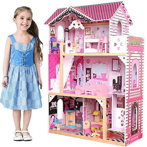 BAKAJI Puppenhaus Spielzeug für Kinder, komplett aus Holz, 3 Etagen, 4 Räumen, mit Möbeln und Spielzubehör – 88 x 33 x 118 cm von BAKAJI