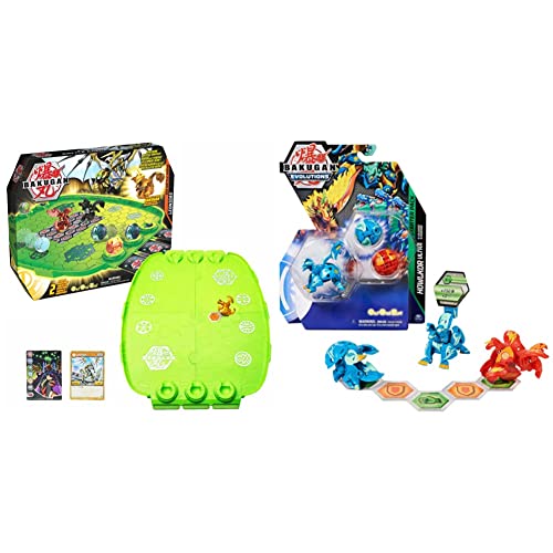 BAKUGAN Evo Battle Arena, zerlegbares Spielfeld in neongrün mit exklusivem Aurelus Leonidas & 'Evolutions' Starter Pack mit 3 Bälle (Ultra Aquos Howlkor, Basic Pyrus Pegatrix, Basic Aquos Colossus) von BAKUGAN