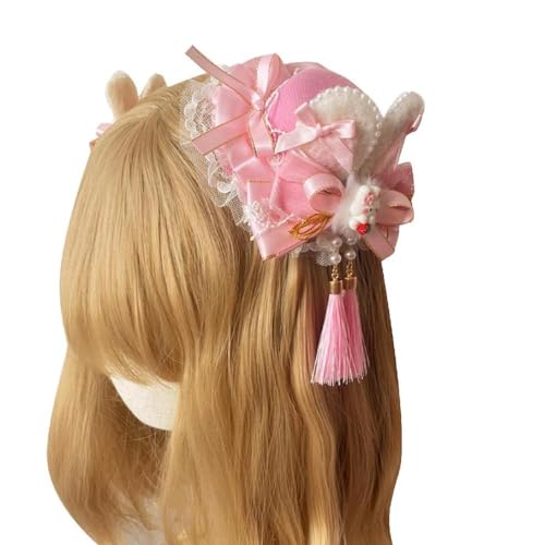 BANAN Schöne Kaninchen Haarspange Mädchen Bowler Hut Kaninchen Neujahr Kopfschmuck Mit Quasten Band Perlen Kaninchen Thema Rosa Hut von BANAN