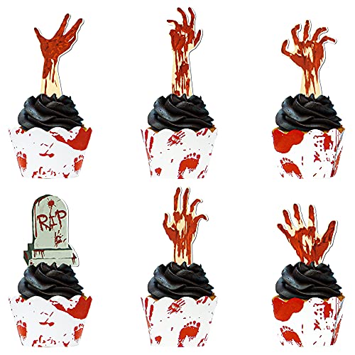 72 Halloween-Cupcake-Aufsätze, 36 Stück blutige Zombiehand-Cupcake-Topper und 36 Stück blutige Handabdrücke Cupcake-Wrapper für Halloween-Party, Zombie-Mottoparty 72 Halloween-Cupcake-Aufsätze, 36 Stück blutige Zombiehand-Cupcake-Topper und 36 Stück blutige Handabdrücke Cupcake-Wrapper für Halloween-Party, Zombie-Mottoparty von BANBALLON