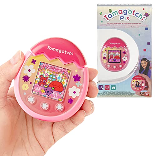 Bandai - Tamagotchi - Tamagotchi PIX - Rosa geblümt- virtuelles elektronisches Haustier mit Farbdisplay, Touch-Schaltflächen, Spiele und Kamera - 42911 von BANDAI