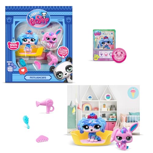 BANDAI Littlest Pet Shop Petfluencer Super Salon | Petfluencer Set enthält 2 LPS-Mini-Haustierspielzeuge, 4 Zubehörteile, 1 Hintergrund, 1 Sammelkarte und 1 virtuellen Code, Sammelspielzeug für von BANDAI