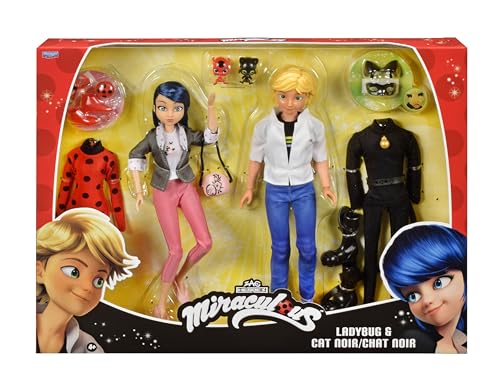 BANDAI - Miraculous – Pack 2 Puppen Marinette und Adrien mit 2 Ladybug-Outfits, Schwarze Katze, Zubehör – Box Miraculous 2 Figuren, 26 cm, Geschenkidee für Kinder – Spielzeug für Kinder ab 4 Jahren von BANDAI