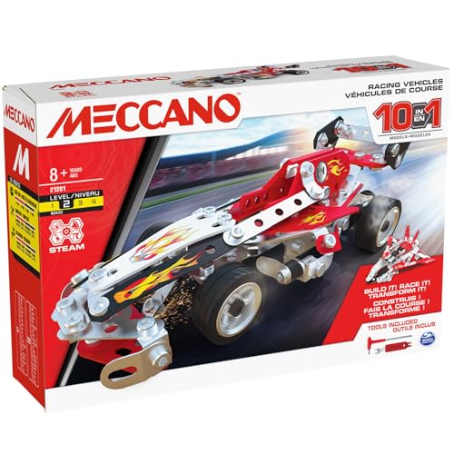 Bandai - Meccano Rennfahrzeuge 10 in 1 – Baukasten 10 Modelle – 225 Teile, Werkzeuge, Anleitung – Aktivitäts-Set zur Montage Auto Flugzeug Boot Rennen – Spielzeug für Kinder ab 8 Jahren und + von BANDAI