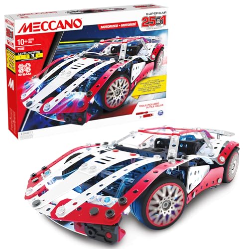 Bandai - Meccano Supercar 25 in 1 – Baukasten 25 Modelle – 347 Teile, darunter 6-Volt-Motor, LED, Werkzeuge, Anleitung – Aktivitätsset Superauto – Spielzeug für Kinder ab 10 Jahren – APM20105 von BANDAI