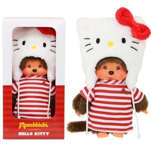 Bandai - Monchhichi - Monchhichi Hello Kitty Plüsch - Ikonischer Affenplüsch der 80er Jahre - Weicher 20cm Plüsch für Kinder, Erwachsene - Hello Kitty Mütze - Spielzeug für Kinder ab 2 Jahren SE252848 von Bandai