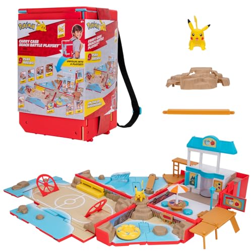 Bandai - Pokémon – Rucksack des Strandtrainers – Pokémon-Spielwelt mit Mini-Spielen – Tasche, die Sich in einen Strandspielplatz verwandelt – Pikachu Figur inklusive – Spielzeug-Set für Kinder ab 4 von Bandai