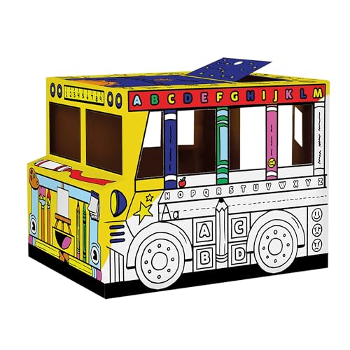 BANKERS BOX Colour-In School Bus Cardboard Playhouse für Kinder (114,3 x 78,74 x 83,82cm) - Craft Activity mit Türen & Sonnendach - Einfache Montage - FSC Zertifiziert, 100% recycelbar - Alter 3+ von BANKERS BOX