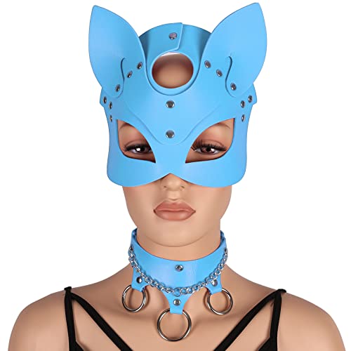 BANSSGOTH Frau Leder Bunny Maske Leder Metallkette Halsband Tier Halbgesichtsmaske Maskerade Maske Party Halloween Kostüm (Himmelblau) von BANSSGOTH