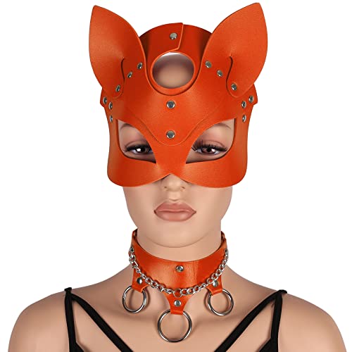 BANSSGOTH Frau Leder Bunny Maske Leder Metallkette Halsband Tier Halbgesichtsmaske Maskerade Maske Party Halloween Kostüm (Orange) von BANSSGOTH