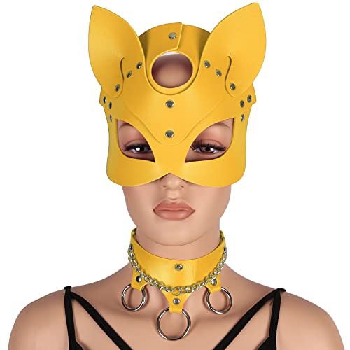 BANSSGOTH Frau Leder Bunny Maske Leder Metallkette Halsband Tier Halbgesichtsmaske Maskerade Maske Party Halloween Kostüm (Orange Gelb) von BANSSGOTH