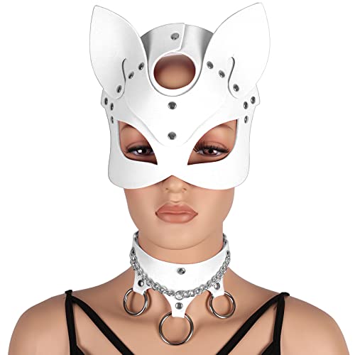 BANSSGOTH Frau Leder Bunny Maske Leder Metallkette Halsband Tier Halbgesichtsmaske Maskerade Maske Party Halloween Kostüm (Weiß) von BANSSGOTH
