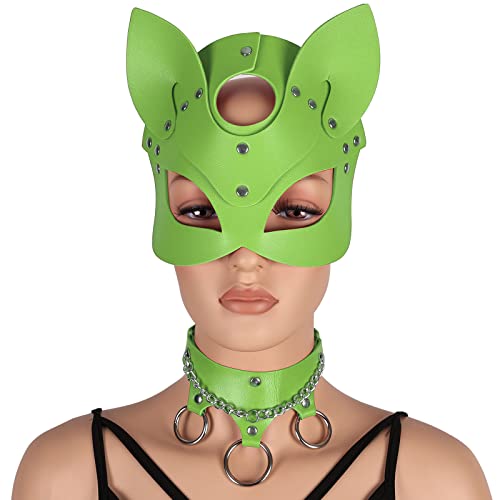 BANSSGOTH Frau Leder Bunny Maske Leder Metallkette Halsband Tier Halbgesichtsmaske Maskerade Maske Party Halloween Kostüm (hellgrün) von BANSSGOTH