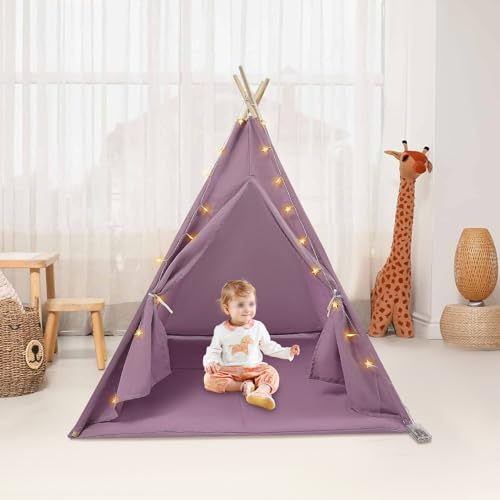 BAOCHADA 2 IN 1 Kinderzelt,Kinder Spielhaus Indoor mit Matte & Lichterkette, Kinder Bettzelt，Zelt Kinderzimmer für Drinnen， für Mädchen Jungen Spielzelt 120×120×140cm (Lila) von BAOCHADA