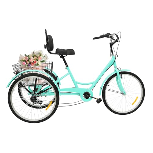 Dreirad für Erwachsene, 24 Zoll 7 Gang 3 Rad Senioren Fahrrad Tricycle mit Korb, RückenlehneDreirädriges Cruiser-Fahrrad für Erholung Picknicks Outdoor-Aktivitäten Dreirad (Grün) von BAOCHADA