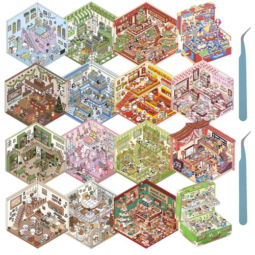 BAODBF 16er Set 3D Szenen Sticker,DIY 3D Sticker,16 Themen Landschaftsaufkleber,Ästhetische Selbstklebende Stickers,Scrapbooking Deko für DIY Kunst Tagebuch Planer Album Notizbuc von BAODBF