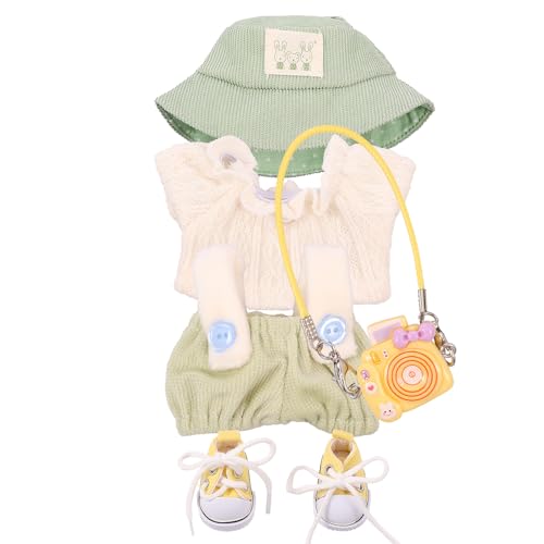 BAODBF 5 Stück Kuscheltier Kleidung Outfit,Puppen Zubehör mit Hut Clothing Rock Schuhen Kamera,Ohne Puppe,15/17cm Kleidung für Puppen Zubehör,Puppenkleidung für Jungen Mädchen Geschenke(Grün) von BAODBF