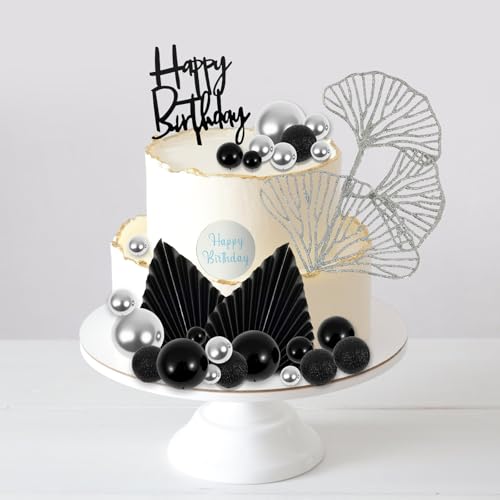 BAODBF Kuchen Dekoration Kugeln Boho,Schaum Tortendeko Kugeln Cake Topper,Kuchen Bälle mit Ginkgo Biloba und Palmblätter,Tortenaufleger für Party,Hochzeit,Verlobung,Jubiläum(Schwarz und Silber) von BAODBF