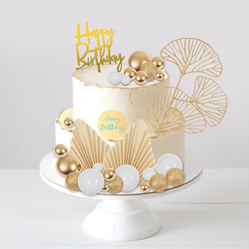 BAODBF Kuchen Dekoration Kugeln Boho,Schaum Tortendeko Kugeln Cake Topper,Kuchen Bälle mit Ginkgo Biloba und Palmblätter,Tortenaufleger für Party,Hochzeit,Verlobung,Jubiläum(Weiß und Gold) von BAODBF