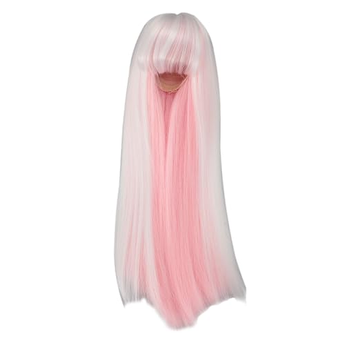 BAOFUYA Lange Geraden Puppenperücke Lebensechtiger Doppelfarbe Hochtemperaturfaser Ersatz Haar für 7,3 Bis 8,3 Zoll Puppenkopfumfang, DIY -Puppenstyling (Weißrosa mit Katzenohren Dekor) von BAOFUYA