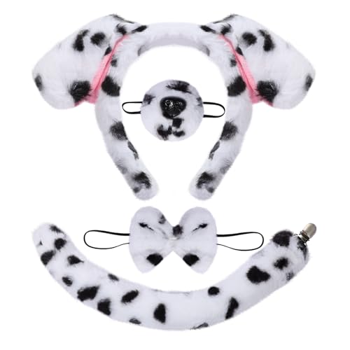 BAOPLAYKIDS 4-teiliges Hundekostüm-Set, Hundeohren, Stirnband, Nasenschwanz und Fliege, Cosplay-Zubehör für Halloween-Party, Niedlicher Dalmatiner-Hund, Einheitsgröße von BAOPLAYKIDS