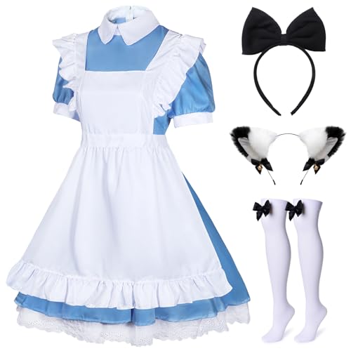 BAOPLAYKIDS 5-teiliges japanisches Anime-Lolita-Kostüm für Damen, Schürze, Kostüm, Cosplay, Kostüm, Kopfbedeckung, Socken-Set für Damen, Blau, Größe XL von BAOPLAYKIDS