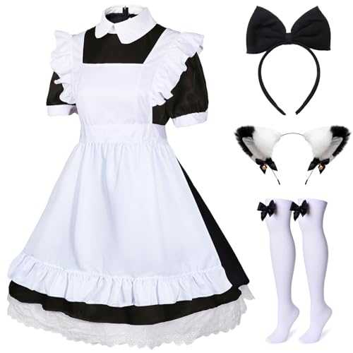 BAOPLAYKIDS 5-teiliges japanisches Anime-Lolita-Kostüm für Damen, Schürze, Kostüm, Kopfbedeckung, Socken-Set für Damen, Schwarz, Größe M von BAOPLAYKIDS
