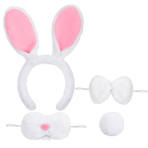 BAOPLAYKIDS Hasenkostüm-Set, Hasenohren, Stirnband, Fliege, Schwanz und Nase für Damen und Erwachsene, Kaninchen-Kostüm, Zubehör für Ostern, Halloween, Party, Cosplay, Weiß, 4-teilig BAOPLAYKIDS Hasenkostüm-Set, Hasenohren, Stirnband, Fliege, Schwanz und Nase für Damen und Erwachsene, Kaninchen-Kostüm, Zubehör für Ostern, Halloween, Party, Cosplay, Weiß, 4-teilig von BAOPLAYKIDS