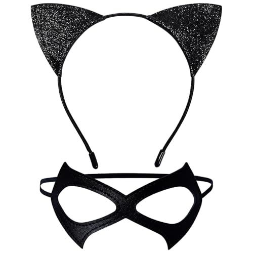 BAOPLAYKIDS Schwarzes Katzenkostüm für Damen, Maskerade, Katzenmaske und Glitzer-Ohren, Stirnband, Erwachsene, Katze, Frau, Kostüm, Zubehör für Halloween, Cosplay von BAOPLAYKIDS