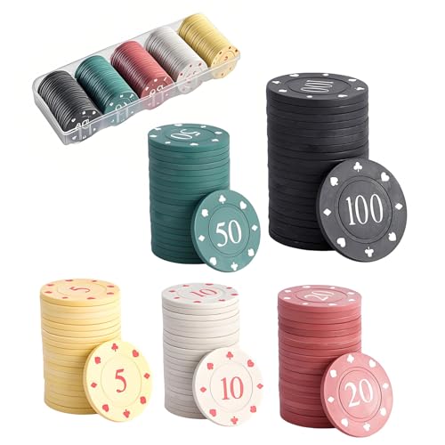 Set mit 100 Premium Poker Chips (mit Nennwert) Casino Chips in 5 Farben (je 20 gelb/weiß/rot/grün/schwarz) und Aufbewahrungsbox, Professionelle 40 mm Chips für Texas Hold'em, Blackjack und Spielabende von BAPPKON