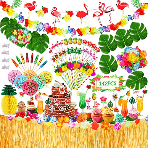 BARAKYEG 142 Stück Hawaii Party Dekoration Set,Hawaii Luau Tischröcke,Hawaii Deko,Banner,Blüten,Künstliche Palmenblätter,Hawaiian Party,Kuchendeckel und Papier Strohhalme für BBQ Tropischen Garten BARAKYEG 142 Stück Hawaii Party Dekoration Set,Hawaii Luau Tischröcke,Hawaii Deko,Banner,Blüten,Künstliche Palmenblätter,Hawaiian Party,Kuchendeckel und Papier Strohhalme für BBQ Tropischen Garten von BARAKYEG